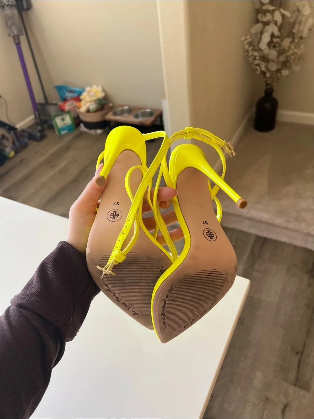 Neon Yellow Strappy Stiletto Heels - Women Shoes